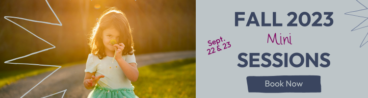 A little girl smells a flower in a photo. Beside it is text that reads Fall 2023 Mini Sessions, Spet. 22 & 23, Book Now