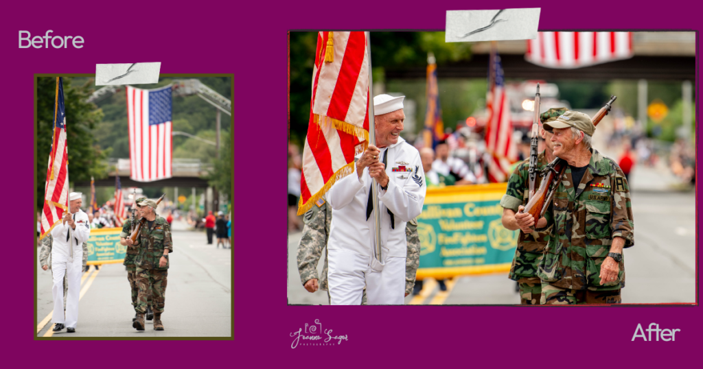 Side by side examples of photo editing done on photographs of veterans walking in a Sullivan County NY Firefighter's parade in Roscoe NY
