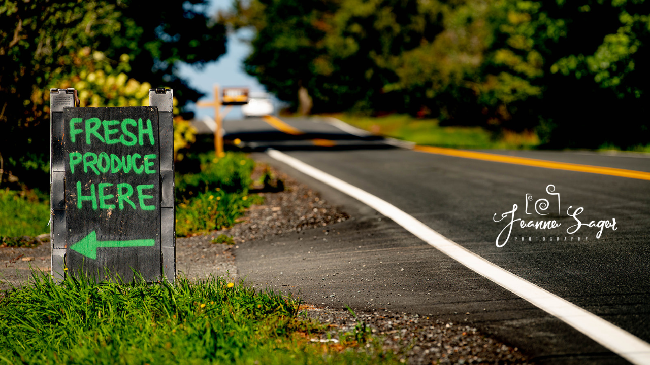 a sign with an arrow that says fresh produce here